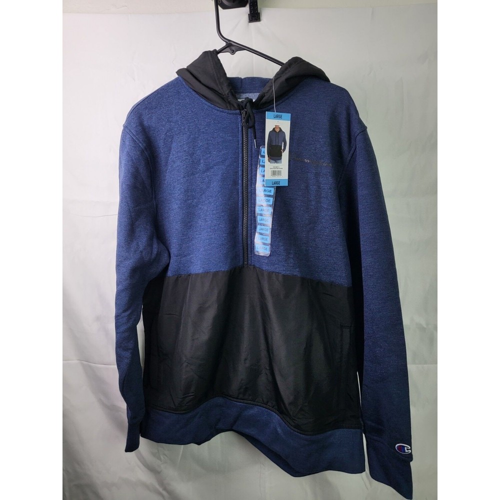 Champion Men's Large Fleece Woven-Mix Half Zip Two Tone Hoodie Navy